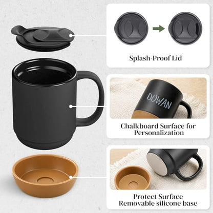 DOWAN Coffee Mugs, 15 oz Upgraded Coffee Mug with Silicone Bottom, Large Ceramic Coffee Mug set of 2 with Spill Proof Lid for Mom Dad, Big Mug for Latte Tea, Matte Grey