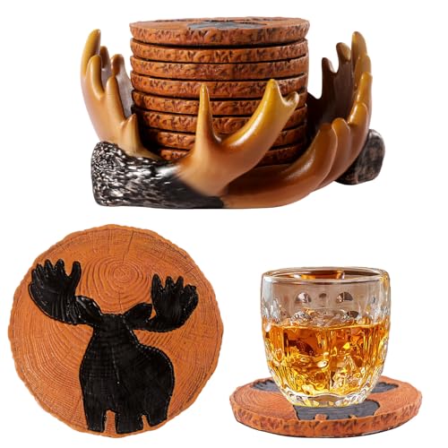 Deer Antler Coasters Set 8 Full Size Non-Slip Cabin Decor Bar Coasters, Indoor Christmas Decorations, Man Cave Gifts for Men and Deer Lovers, Rustic Handmade Cup Coaster for The Home - style: Deer Antler