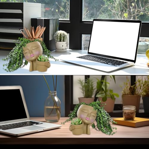 Face Planter Pot, Lady Head Planter with Drainage Holes, Khaki | Dual-compartment lady head planter with drainage holes for succulents, cactus, and air plants - color: Khaki