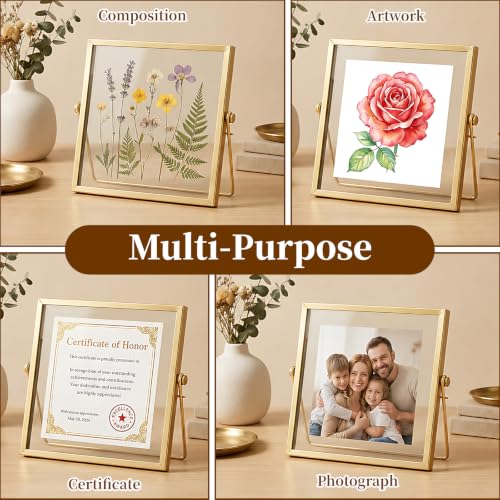 3 Pcs 6 x 6 Picture Frame with Gold Edge, Double Glass Pressed Flower Frame | Fits 4 Inch Picutre, Floating Glass Picture Frame for Dried Flowers, Plant Specimen, Photos, Postcard