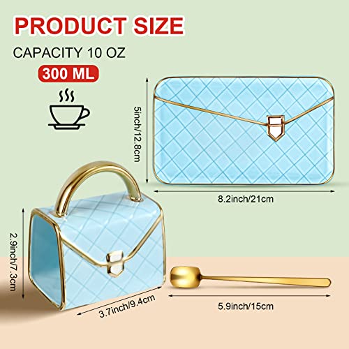 Zubebe 1 Set Coffee Mug Elegant Handbag Shaped Cup Modern Ceramic Purse Mug with Spoon and Saucer, 10oz Cute Creative Tea Cup for Woman Girls Gift (Blue) - color: Blue