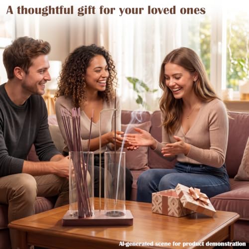 2 in 1 Anti-Ash Incense Holder for Sticks, Upside Down Hanging Incense Burner with Removable Glass Ash Catcher and Wooden Base, Modern Vertical Zen Decor for Home Office Yoga Meditation Room