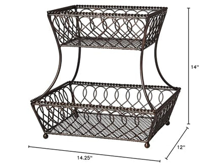 Gourmet Basics by Mikasa Loop and Lattice 2-Tier Rectangular Metal Countertop Basket, 14.25 x 12 Inches, Antique Black Finish, Kitchen Fruit and Bread Storage Organizer - style: Basket