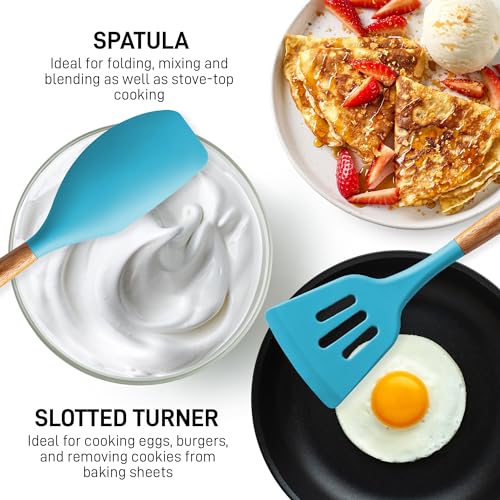 Zulay Kitchen 5 Piece Silicone Utensil Set | Non-Stick Silicone Cooking Utensils Set with Acacia Wood Handles - 464°F Heat Resistance Kitchen Utensils Set - Blue - color: Blue, size: 5-Piece Set