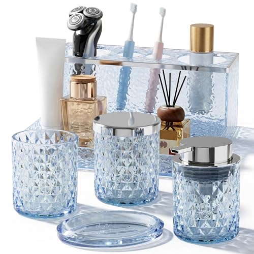 Glass Bathroom Accessories Set 5Pcs Crystal Blue - Foaming Soap Dispenser, Soap Dish, Cup, Acrylic Toothbrush Holder with Tray Organizer, Cotton Swab Jar, Bathroom Counter Set Sink Decor - color: Blue