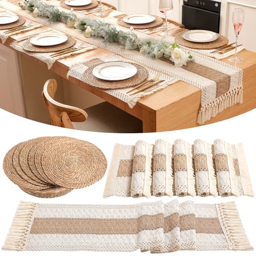Boho Placemats 4/6/8 Set of Round Woven Placemat Macrame Style Bicolor Stitching Long Table Runner Farmhouse Rustic Natural Burlap Cotton for Kitchen Dining Table(6 Sets,Brown,12x72) - color: Brown, size: 12x72"