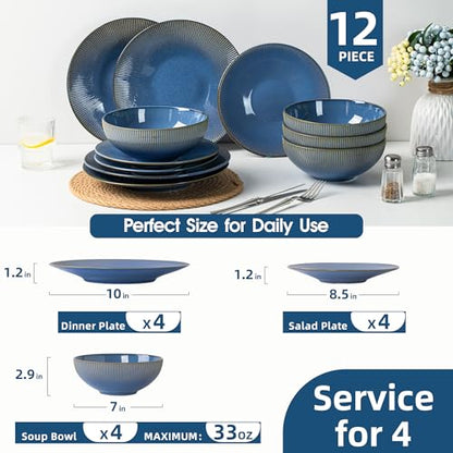 Dinnerware Sets for 4, 12 Piece Stoneware Plates and Bowls, Blue | 12 piece stoneware set for 4 with ribbed texture; dinner plates, salad plates and 33 oz bowls, microwave, dishwasher safe.