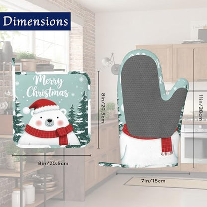 Cute Polar Bear Oven Mitts and Pot Holders Winter Merry Christmas Silicone Kitchen Accessories Set of 4 Heat Resistant Non-Slip Long Gloves Potholder for Chef Cooking Baking Gifts Women Men - color: Cute Polar Bear,winter Merry Christmas