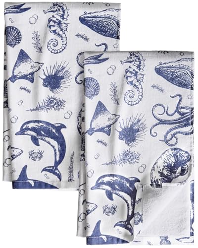 Cotton Kitchen Towels Set of 2, 16x26 Inch, Ocean | Soft & Absorbent, Hanging Loop, Quick Dry Hand Towel, Cute Dish Towel, Decorative Terry Cloth Tea Towel, Housewarming Gift - color: Ocean