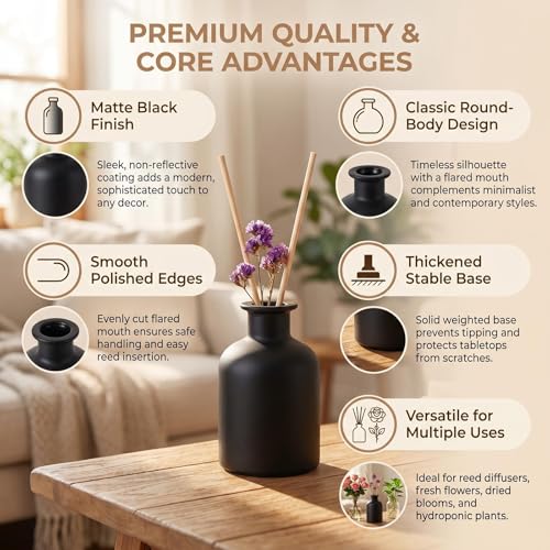5 Ounce Empty Glass Diffuser Bottles, Cylindrical Glass Essential Oils Diffuser Bottles, Aromatherapy Jar, Matt Black