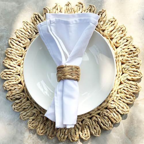 Set 6 Woven Water Hyacinth Napkin Rings | Rustic Boho Wicker Napkin Holders | Natural Farmhouse Rattan Napkin Ring for Christmas, Thanksgiving Dining Table, Wedding Party - size: Set of 6