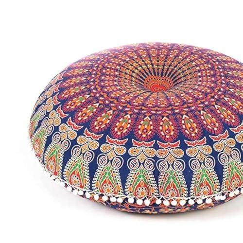 Mandala Floor Pillow Cover Meditation Cushion Seating Throw Hippie Round Colorful Decorative Bohemian Indian Pouf Ottoman Handmade Cover ONLY (A1 Dark Blue-2, 32" x 32") - color: A1 Dark Blue-2, size: 32" x 32" (Pack of 1)