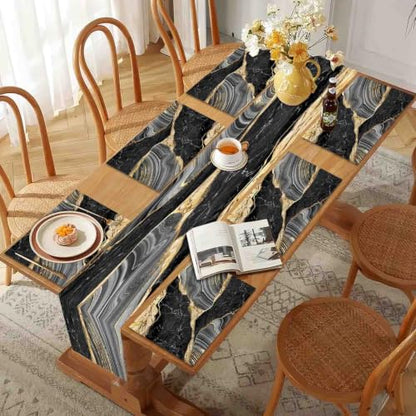 Mcalk Black Marble Table Runner and Placemats Set of 6 Pieces, Gold Marble Placemats, Modern Cloth Place Mats Indoor for Kitchen,Washable Linen Material for Dining Table - color: 02marble Black