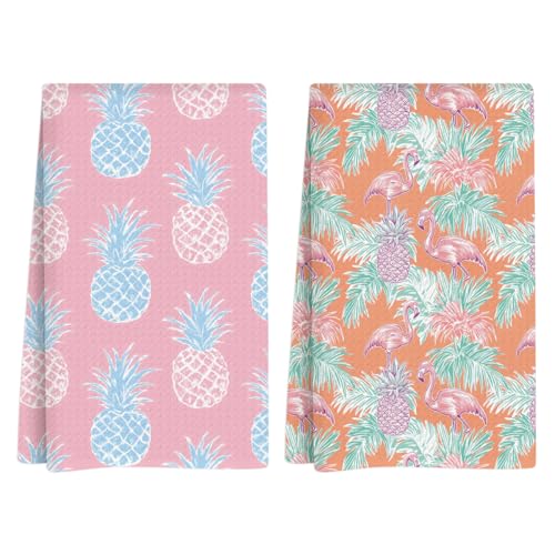Summer Flamingo Pineapple Kitchen Towels, Summer Kitchen Bathroom Decor, Housewarming Gifts, Waffle Decorative Dish Hand Towel for Holiday Bathroom Home Bar Baking Set of 2 14x24 Inch - color: Flamingo Pineapple