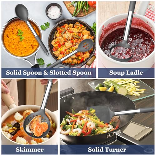 TeamFar Kitchen Utensils Set of 8, Silicone Utensils Kitchen Tools | Stainless Steel Handle, for Nonstick Cookware Frying Flipping Draining, Healthy & Anti-heat, Nonstick & Dishwasher Safe -Gray - color: Light Grey