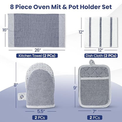Casa Platino Mini Oven Mitts Set, 8-Piece – 500°F Heat Resistant Silicone Oven Mitt, Potholders for Kitchens, 2 Kitchen Towels & 2 Dish Cloths – Non-Slip & Durable – Indigo - color: 09: Oven Mitts - Indigo, size: Oven Mitt Set - 8 Pack