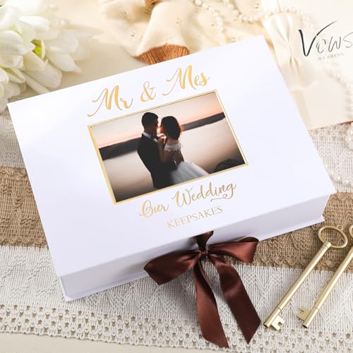 Weysat 12x9 Inches Gold Stamping Font Wedding Keepsake Box Cover with Photo Frame, White Wedding Memory Box with Ribbon for Couples Newlyweds Bridal Shower Gifts