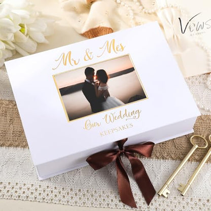 Weysat 12x9 Inches Gold Stamping Font Wedding Keepsake Box Cover with Photo Frame, White Wedding Memory Box with Ribbon for Couples Newlyweds Bridal Shower Gifts