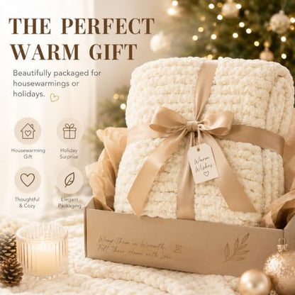 Luxury Chunky Knit Throw Blanket, Boho Chenille Cable Knit Blankets 50x60 | Upgraded no-shedding yarn, Super dense woven craftsmanship ensures durable cozy warmth for sofa, without pilling or fading.