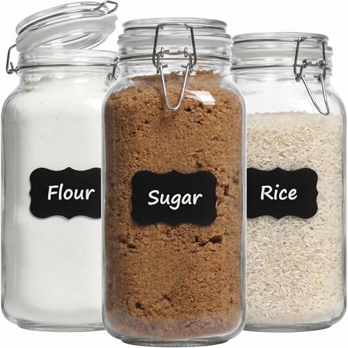 78oz Large Square Airtight Glass Jars with Lids, Wide Mouth Food Storage Canisters, Hold 4lb Sugar or 5lb Rice, Heavy Duty Pantry Containers for Flour, Coffee, Bulk Storage - size: 78 fl oz x 3 - Square