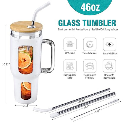 WINSA Glass Tumbler with Lid and Straw, 46 oz, White | Iced Coffee Cup with Handle, Large Water Bottle with Silicone Sleeve, Pearl Straw & Drinking Straw, BPA Free - color: White, size: 46 Ounces