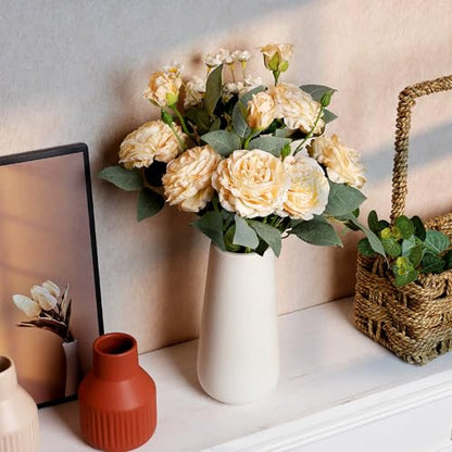 16’’ Artificial Flowers with Vase, Silk Flower Arrangements | White Ceramic Vase with Peonies Flowers Bouquet, Home Office Dining Table Centerpiece Decor, Champagne - color: Champagne
