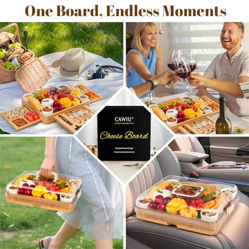 Large Bamboo Charcuterie Board Set with Lid, Drawers, Cream | Includes serving utensils and a fruit tray for easy entertaining; ideal for housewarmings, weddings and bridal showers. - color: Cream