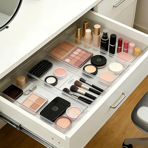 Manalete 4 Pcs Large Clear Plastic Drawer Organizer,15"x6" Vanity Organizer | Durable Clear PET Storage Bins Tray for Desk, Kitchen & Bathroom, Office, Tools, Easy Clean, Stackable, BPA-Free - size: 4 Pack 15"×6"