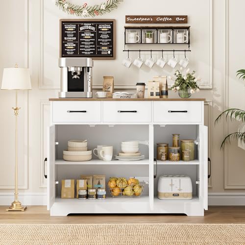 HOSTACK Kitchen Buffet Cabinet with Storage, Sideboard Coffee Bar, White | Farmhouse Kitchen Storage Cabinet with 3 Drawers & Adjustable Shelf, 42.5"W Buffet Table for Dining Living Room - color: White