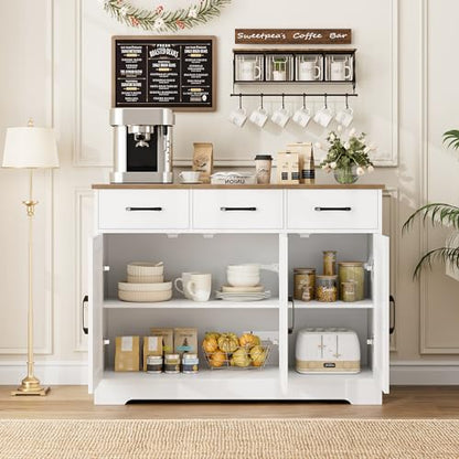 HOSTACK Kitchen Buffet Cabinet with Storage, Sideboard Coffee Bar, White | Farmhouse Kitchen Storage Cabinet with 3 Drawers & Adjustable Shelf, 42.5"W Buffet Table for Dining Living Room - color: White