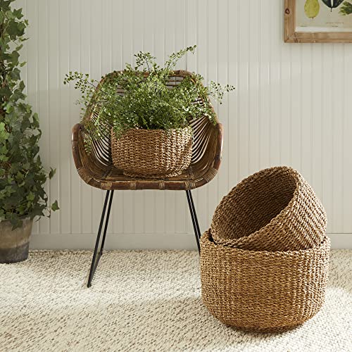 Set of 3 Woven Sea Grass Storage Baskets Cylinder 18 15 12 in Natural Spa Towel