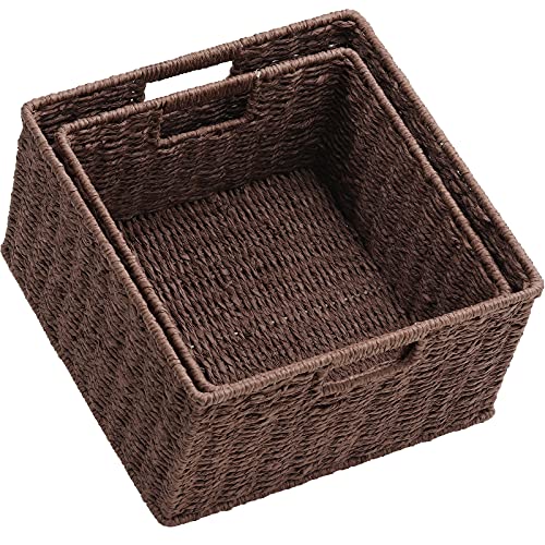 HOONEX Storage Baskets for Organizing, Decorative Round Paper Rope Woven Baskets for Storage with Carrying Handles, Set of 2, Dark Brown - color: Dark Brown, size: 13 x 13 x 7.5 inches