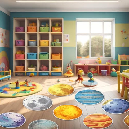24 Pack Carpet Circles for Classroom, 16 in Non Slip Round Circle Mats for Classroom Sitting, Flexible Corner Circle Time Rugs for Reading Nook, Playing Areas, Library, Group Activity(Planet) - style: Planet