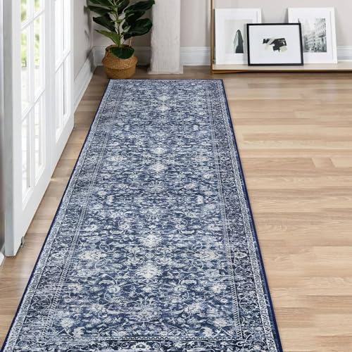 KILOCOCO Hallway Runner 2x7 Washable Runner Rug Non-Slip Kitchen Rug, Blue | Printed Hallway Runners Rug, Non Skid Kitchen Runner Rug, Low Pile Entryway Runner, Floral Runners for Bedroom Living Room - color: Blue/Navy/White, size: 2' x 7' (Runner)