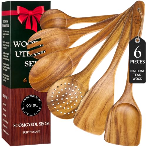 SOOMGYEOL SEOM 6-Piece Teak Wood Cooking Utensil Set | Natural Teak Wood, Uncoated, 6 Essential Cooking Utensils, Nonstick Safe - size: 6 PCS Set