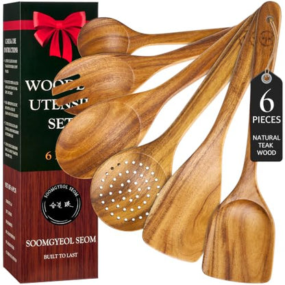 SOOMGYEOL SEOM 6-Piece Teak Wood Cooking Utensil Set | Natural Teak Wood, Uncoated, 6 Essential Cooking Utensils, Nonstick Safe - size: 6 PCS Set