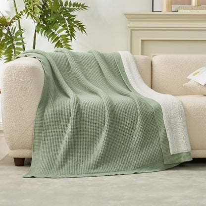 Reversible Waffle Weave Throw Blanket, Chenille Knit with Warm Sherpa, Soft Cozy Blanket for Couch, 50"x60", Sage Green - color: Waffle-sage Green