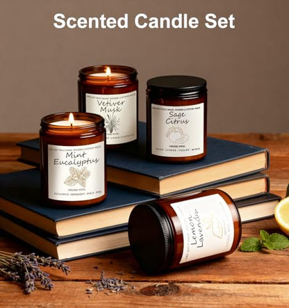 Scented Candle Gift Set, 4 Pack 25oz Soy Wax Candles, Long Lasting Aromatherapy Candles for Home Fragrance, Ideal Gift for Women and Men – Eucalyptus Mint, Lemon Lavender, Musk Vetiver, Sage Citrus