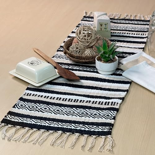 Black, Cream, White Boho Table Runner | Cotton Farmhouse Table Linen 13x36 Inches| Machine Washable, Durable and Easy to Combine - color: Ivory-black, size: 13x36 Inch.