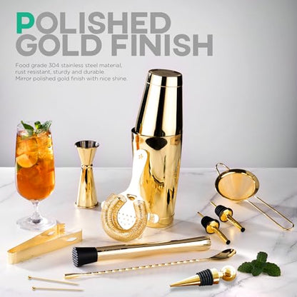 Homestia 12 Pieces Boston Cocktail Shaker Set, Mixology Bartender Kit, Gold | Stainless Steel Bar Set Accessories, 18 oz/28oz Weighted Boston Shaker Tins, Martini Shaker Mixing Tools for Home Bartending - color: Gold