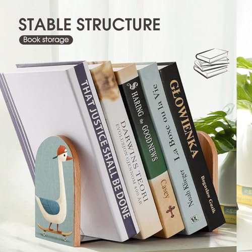 Wooden Bookends Shelves 2 PCS Cute Goose on A Skateboard Sturdy Book Holders Desktop Organizer for Home Office Libraries