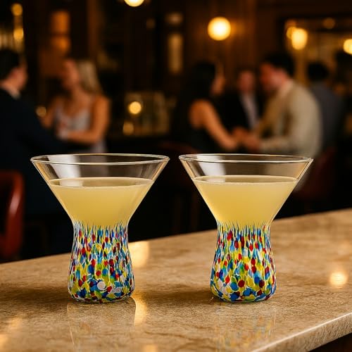Large Stemless Martini Glasses – Set of 2-8oz Luxury Hand Blown Confetti Margarita, Martinis, Cocktails, Water, Wine, Dessert & Champagne Glasses Cinco de Mayo, Hand Blown - Mexican Confetti Glass - style: Mexican Confetti Martini Glass
