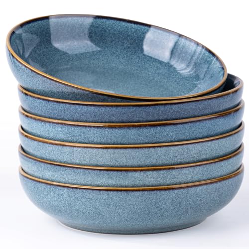 AmorArc 8.5’’ Ceramic Pasta Bowls Set of 6, 36oz Large Stoneware Bowls Set | Large Dinner Serving Bowls Set, Wide Bowl Plate for Pasta,Salad, Soup, Microwave Safe, Reactive Glaze-Deep Blue - color: Deep Blue, size: Set of 6