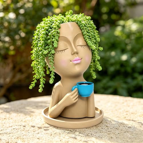 Face Planters for Indoor Outdoor Plants, 7.9" Cute Plant Pots | Funny Resin Head Planter with Drainage Hole, Unique Succulent Pot, Home Garden Decor Gift for Women Mom Teacher Christmas - color: Khaki