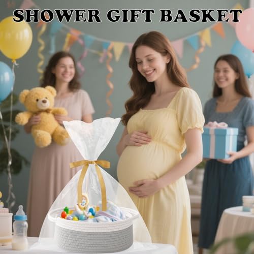 2 Pack Small Woven Rope Basket with Handles, White&Grey | Empty Gifts Basket with Bag and Ribbons, Cute Handle Organizer Box, Birthday/Baby Shower, Toy Storage - color: 2PC-White & Grey