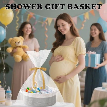 2 Pack Small Woven Rope Basket with Handles, White&Grey | Empty Gifts Basket with Bag and Ribbons, Cute Handle Organizer Box, Birthday/Baby Shower, Toy Storage - color: 2PC-White & Grey