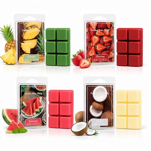 Summer Fruity Aroma Soy Wax Melts Set of 4,Each 85g = 3 oz Pineapple, Watermelon, Strawberry, Coconut Natural Scented Wax Tarts, Fragrance Diffusing Wax for Daily Use, Great for DIY Candle Making.