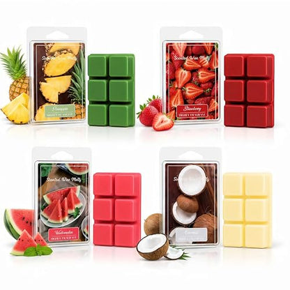 Summer Fruity Aroma Soy Wax Melts Set of 4,Each 85g = 3 oz Pineapple, Watermelon, Strawberry, Coconut Natural Scented Wax Tarts, Fragrance Diffusing Wax for Daily Use, Great for DIY Candle Making.