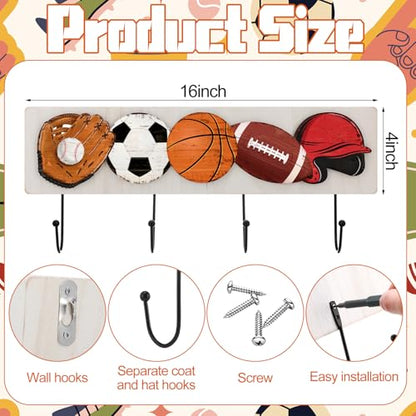 Wood Sports Coat Rack with 4 Hooks Basketball Baseball Football Soccer Wall Mounted Coat Hooks Decor Ball Sports Theme for Home Entryway Playroom Hats Keys Towels - style: Ball Theme