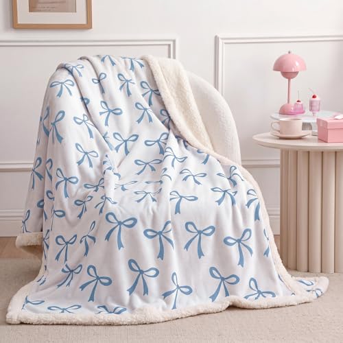 Tegeme Blue Bow Throw Blanket Sherpa Fleece Preppy Coquette Flannel Bow Blanket for Teen Girls Room Back to School Gift White Plush 50" x 60" Aesthetic Soft Bedding for College Dorm Bed Sofa Couch - color: Blue